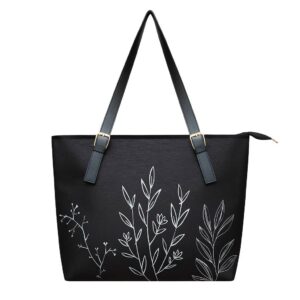 Black Minimal Small Tote with White Leaves Printed