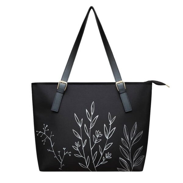 Black Minimal Small Tote with White Leaves Printed