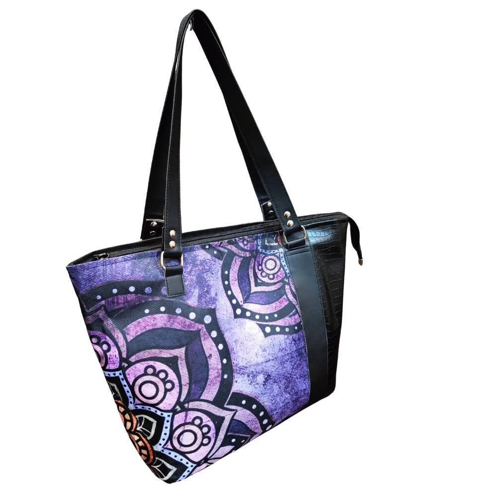 Purple Patterned Side Leather Large Tote