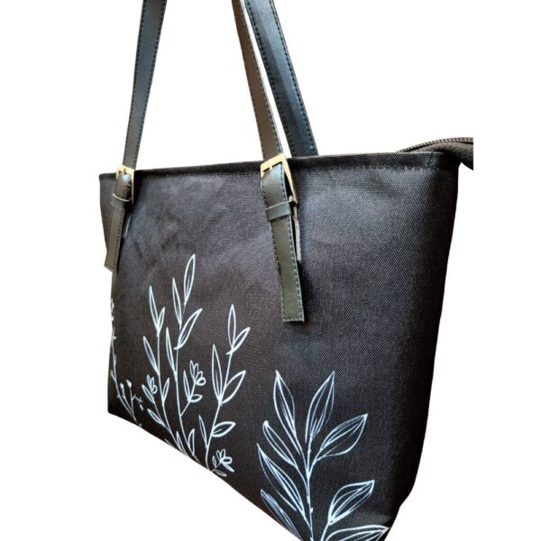 Black Minimal Small Tote with White Leaves Printed - Image 2