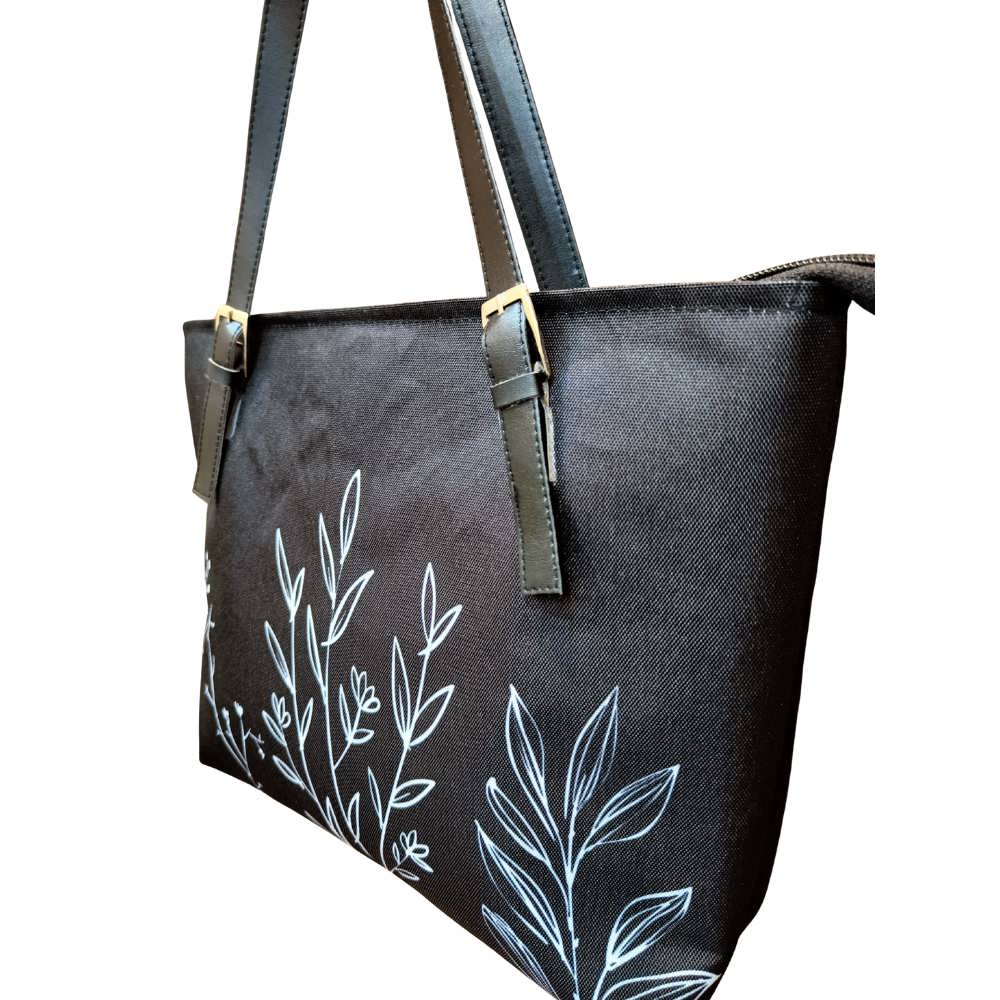 Black Minimal Small Tote with White Leaves Printed