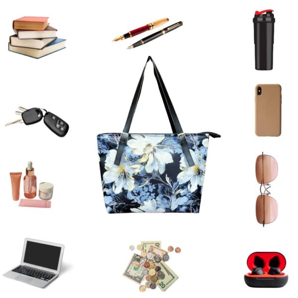 Black Minimal Small Tote with White Leaves Printed - Image 5
